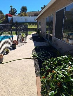 Flowerbeds with no weeds,and a neatly trimmed hedge, flowerbeds filled with black mulch, framing a house